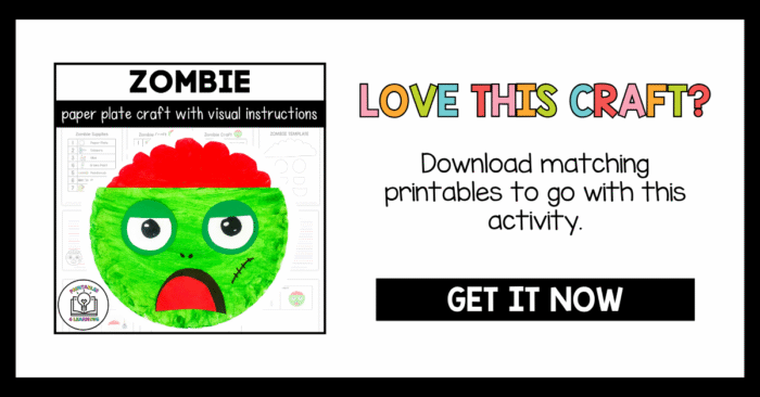 Zombie paper plate craft with printable visual instructions — download matching printables for this Halloween activity.