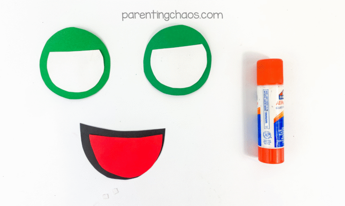 Green eyes, white eyeballs, and red mouth with black outline ready to glue.