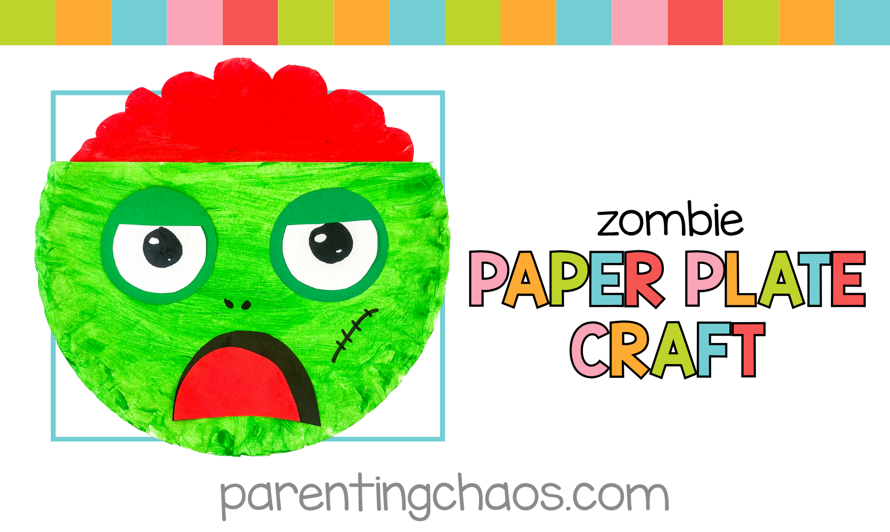 Bright green zombie paper plate craft with red brain and big cartoon eyes — fun Halloween craft for kids.