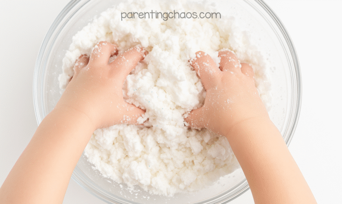 A child’s hands mixing fluffy fake snow in a clear bowl, showing the texture coming together as the ingredients combine.