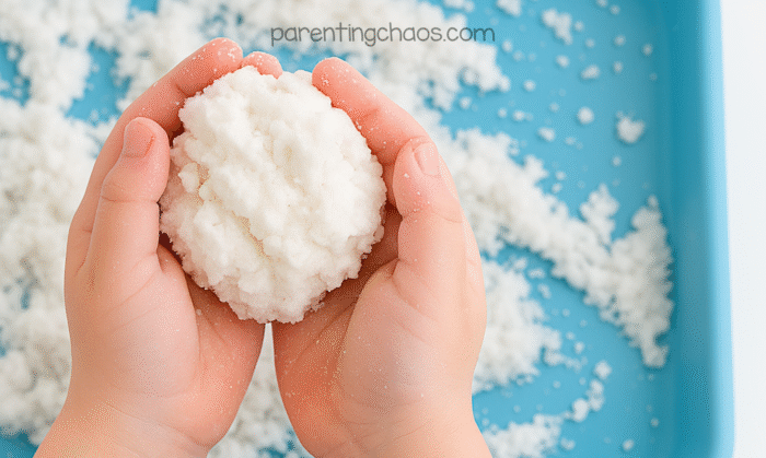 A child’s hands holding a handful of finished fake snow over a light blue tray filled with fluffy white snow.
