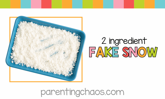 A bright blue tray filled with fluffy 2 ingredient fake snow, surrounded by colorful borders and the text “2 Ingredient Fake Snow – parentingchaos.com.”