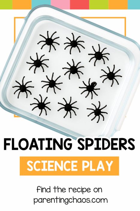 Photo of a glass dish filled with water and multiple floating black spiders drawn on the surface. Colorful border across the top. Text reads “Floating Spiders Science Play – find the recipe on parentingchaos.com.”