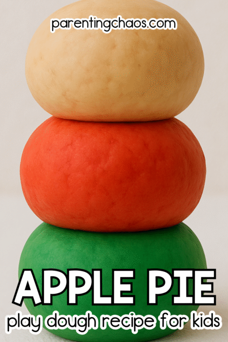Three stacked play dough balls in tan, red, and green colors. The smooth texture and warm tones resemble apple pie ingredients. Text on the image reads “Apple Pie Play Dough Recipe for Kids.”