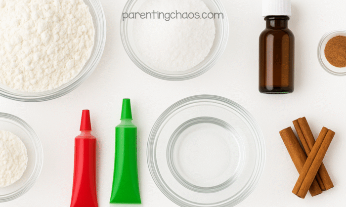 Ingredients for the apple pie playdough recipe laid out in clear bowls, including flour, salt, cinnamon sticks, food coloring, and apple extract on a white background.