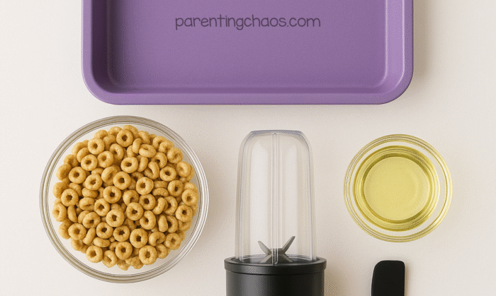 Overhead photo of ingredients for Cheerio taste-safe sand, including a bowl of cereal, a small bowl of oil, a blender cup, a purple tray, and a black spatula.