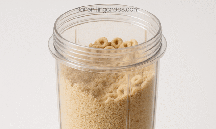 Blender cup showing partially ground Cheerios with a few whole pieces visible on top.