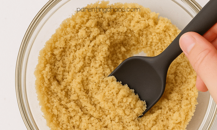 Stirring the oil into the Cheerio sand mixture with a black spatula until it reaches a crumbly texture.