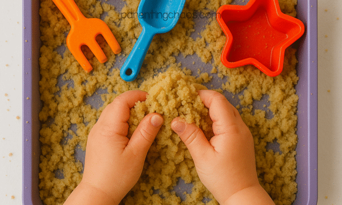 Child’s hands playing in a purple tray filled with finished Cheerio taste-safe sand, with colorful sand toys and molds.