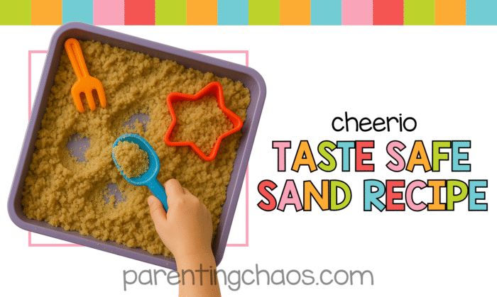 Promotional image showing a purple tray filled with Cheerio sand, scoops, and molds with text overlay that reads “Cheerio Taste Safe Sand Recipe – parentingchaos.com.”