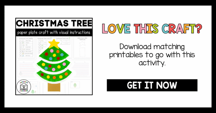 Promotional graphic showing the finished paper plate Christmas tree craft for kids with text inviting readers to download the matching printable template.