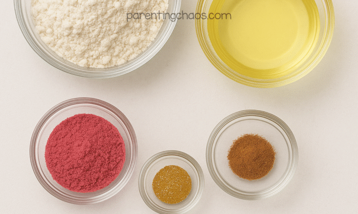 Overhead view of moon sand ingredients in clear bowls — flour, oil, red cranberry powder, gold glitter, and allspice for a festive sensory play recipe.