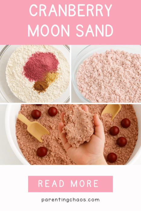 Three steps of the cranberry moon sand recipe. The first shows flour with red and brown powders on top. The second shows light pink sand mixed together in a bowl. The third shows a child holding a handful of pink moon sand with red wooden balls in a white bin. Text reads “Cranberry Moon Sand” and “Read More.”