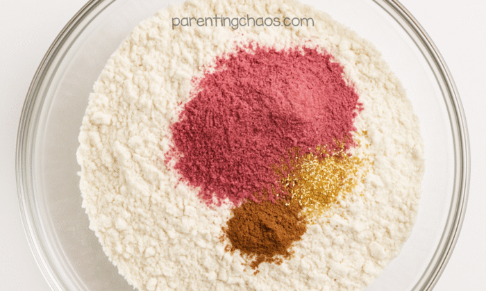 Dry ingredients for cranberry moon sand recipe combined in a bowl, including flour, red cranberry powder, glitter, and allspice before mixing.