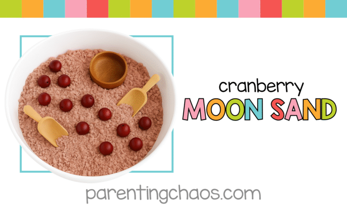 Promotional graphic with colorful text “Cranberry Moon Sand” showing a white sensory bin filled with red beads and wooden scoops on parentingchaos.com.