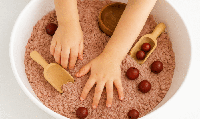 Child’s hands playing in cranberry moon sand with wooden scoops and red beads inside a white sensory bin.
