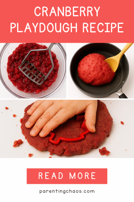 Collage showing cranberry play dough ingredients, dough cooking in a pan, and a child pressing a cookie cutter into the dough.