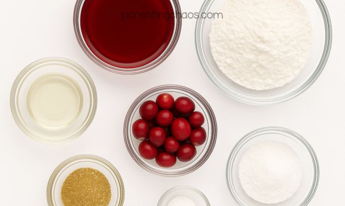 Overhead view of cranberry playdough ingredients in clear bowls on a white background — includes cranberries, cranberry juice, flour, oil, salt, and gold glitter.