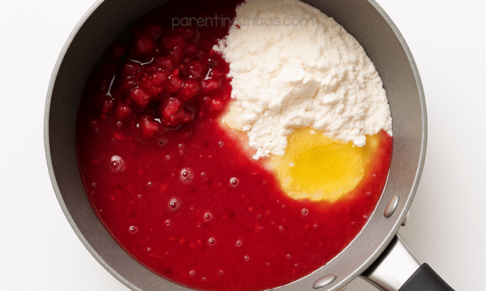 Saucepan filled with mashed cranberries, flour, oil, and juice before stirring.