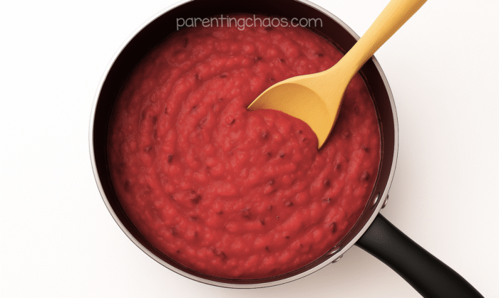 Cranberry playdough mixture cooking in a pan, thickening with a wooden spoon stirring.