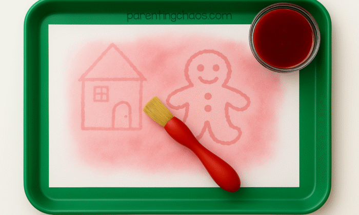 Finished cranberry secret message painting showing a red gingerbread man and house revealed on paper with a paintbrush and cranberry juice cup on a green tray.