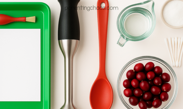 Overhead view of cranberry secret message science supplies including cranberries, measuring cup of water, sugar bowl, spoon, blender, green tray, and paintbrush.