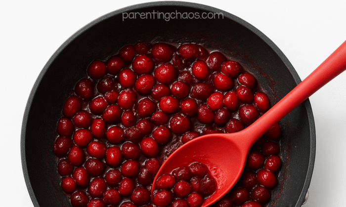 Cranberries simmering in a black saucepan with a red spoon stirring the mixture.