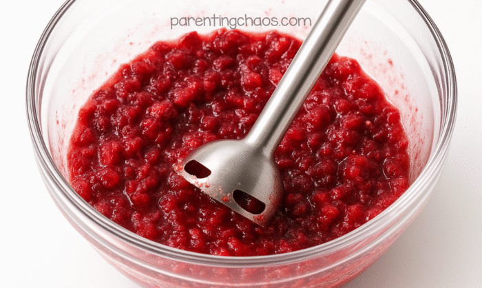 Cranberries being blended with an immersion blender in a glass bowl, creating a thick red pulp.