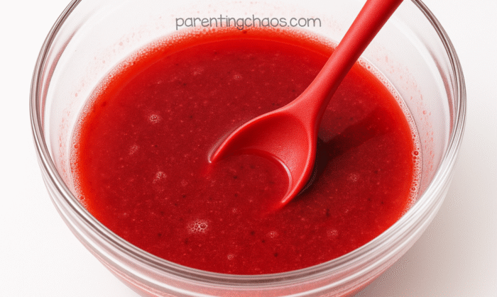 Smooth cranberry juice mixture in a glass bowl with a red spoon resting inside.