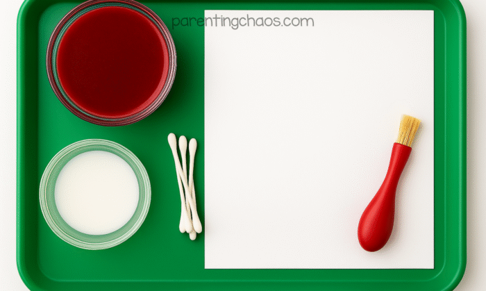 Green tray setup showing cranberry juice, baking soda solution, Q-tips, paintbrush, and blank paper ready for the experiment.