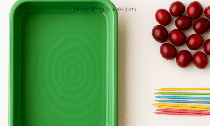 Flat lay of supplies for a cranberry STEM activity, including a green tray, a pile of cranberries, and rainbow-colored toothpicks on a white background.