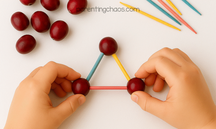 Close-up of a child’s hands connecting cranberries with colorful toothpicks to form a triangle during a STEM building activity.