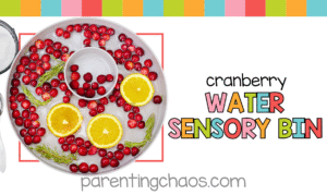 Bright banner image with the text “Cranberry Water Sensory Bin” and a top-down view of the colorful bin filled with cranberries, oranges, and rosemary sprigs on ParentingChaos.com.