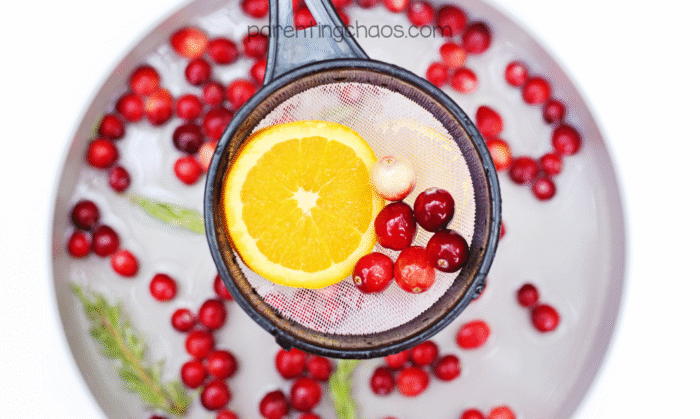 Top view of a mesh strainer holding an orange slice and a few cranberries over a water tray full of floating cranberries and rosemary sprigs.