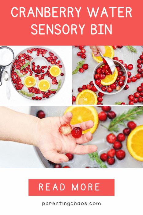 Collage showing a cranberry water sensory bin with scooping play and bright fall colors.