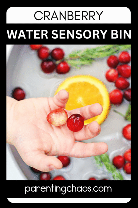 Child holding cranberries over a water bin with orange slices and rosemary.