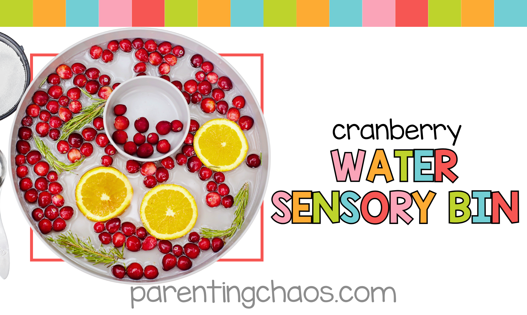 Bright banner image with the text “Cranberry Water Sensory Bin” and a top-down view of the colorful bin filled with cranberries, oranges, and rosemary sprigs on ParentingChaos.com.