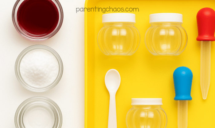 Flat lay of supplies for a fizzing cranberries science experiment, including cranberry juice, baking soda, clear jars, droppers, and a yellow tray.