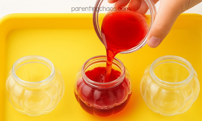 Child pouring cranberry juice into a small round jar on a yellow tray to prepare the fizzing cranberry science experiment.