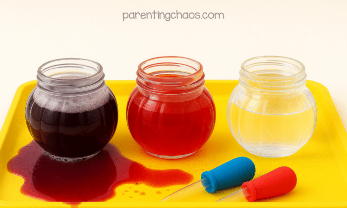 Three jars on a yellow tray — dark red cranberry juice, bright red cranberry juice, and clear vinegar — with some spilled liquid showing the experiment in progress.