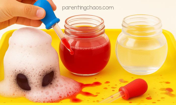 Child using a blue dropper to add cranberry juice to a foaming vinegar jar, showing the bubbling chemical reaction.