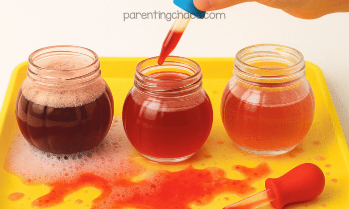Three jars on a messy yellow tray with spilled cranberry juice and foam, showing the fizzing reaction aftermath.