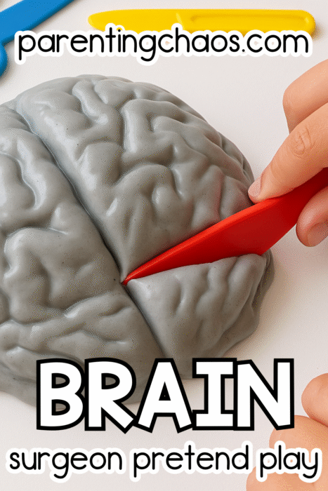 Child using a red plastic knife to slice into gray brain-shaped slime for a fun pretend surgeon play activity.