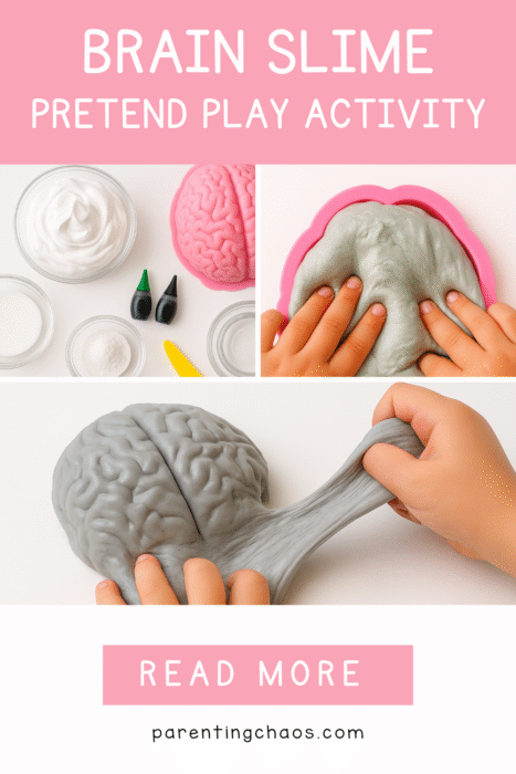 Ingredients for brain slime including shaving cream, glue, and food coloring, plus child stretching finished gray brain slime.