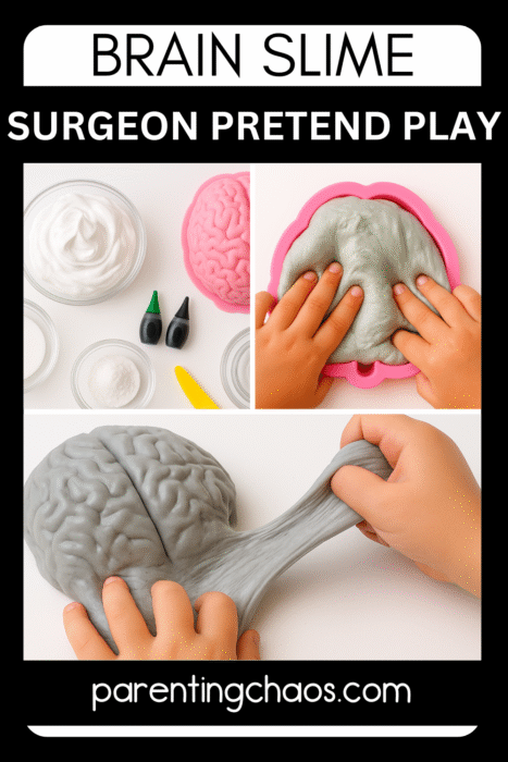 Brain slime pretend play collage showing ingredients and kids pressing and stretching gray brain slime.