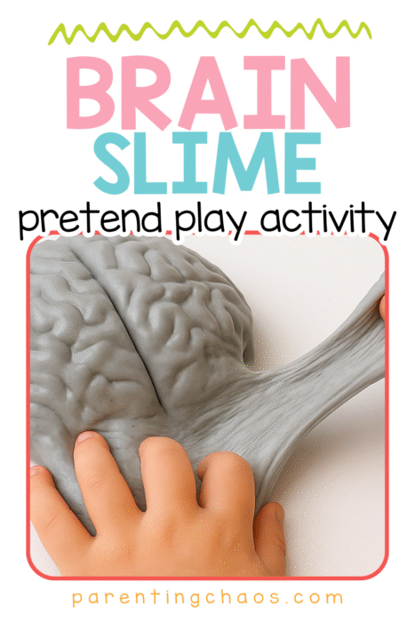 Child stretching gray brain slime in a sensory pretend play activity with bright playful text overlay.