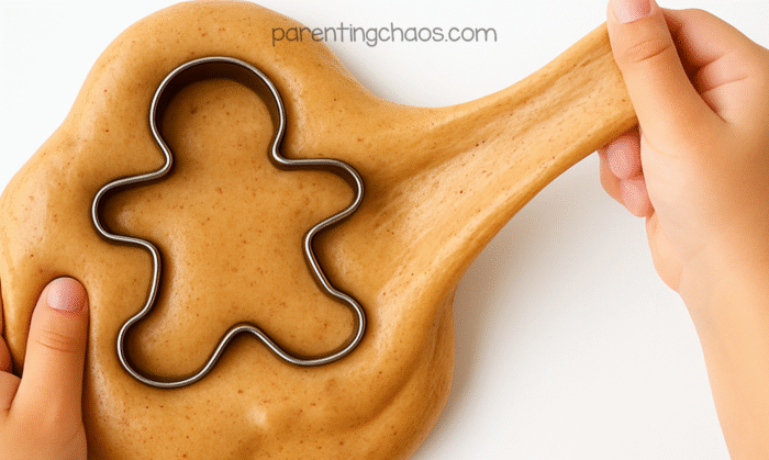Child pulling the edge of the gingerbread fluffy slime outward while the cookie cutter stays pressed into the center.