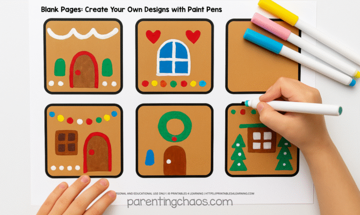 Child decorating a gingerbread house magnetic tile printable sheet with paint pens, filling in blank gingerbread squares with bright holiday designs.