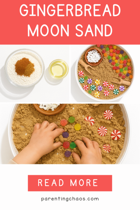 Three steps of a gingerbread moon sand recipe. The first shows bowls of flour, cinnamon, and oil. The second shows a white sensory bin filled with brown sand, colorful gumdrops, and peppermint candies. The third shows a child’s hands playing with the sand and candies. Text reads “Gingerbread Moon Sand” and “Read More.”
