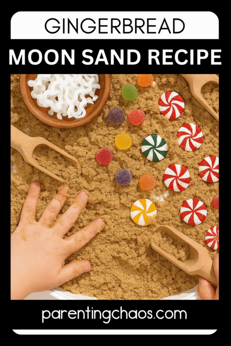 A child decorates a gingerbread man shape pressed into brown moon sand using gumdrops, white ribbon, and peppermint candies. Text reads “Gingerbread Moon Sand Recipe for Kids.”